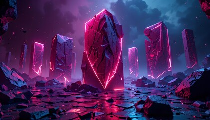 Towering Pink Crystal Monoliths Rising from Shattered Ground in a Surreal Fantasy Landscape with Glowing Light for Desktop Wallpaper