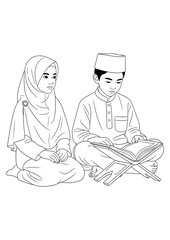 A boy and girl sitting together, engrossed in reading the Koran.