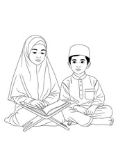 Two Muslim children, a boy and a girl, sitting and reciting the Koran together.