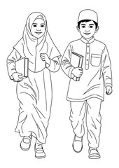 A Muslim boy and girl walking happily, carrying books.