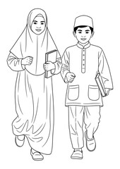 Fototapeta premium A young Muslim boy and girl are walking, holding books.