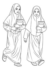 Two young Muslim girls walking and holding their books.