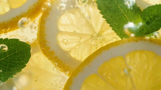 Refreshing drink soda lemonade with slices of lemon and mint leaves macro shot close up