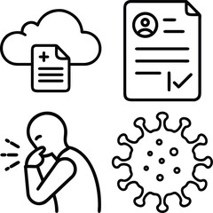 A collection of four simple line art icons representing cloud data, a patient medical record, a person coughing, and a virus.