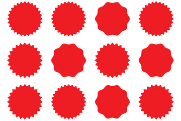 Set of red starburst. Price sticker, sale sticker, price tag, starburst, quality mark, retro stars, sale. Circle sticker set. Wavy edge promo red badges. Star burst shape tags for price. Red sa