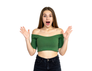 Amazed young woman in a green ribbed crop top with a shocked expression and open hands.