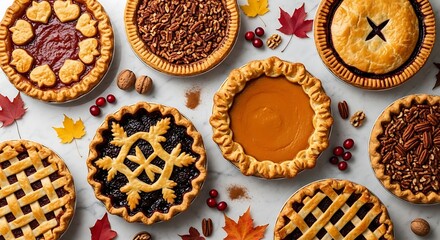 A Festive Array of Artisanal Autumn Pies with Decorative Crusts.