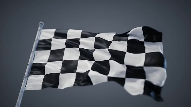 Waving Black and White Checkered Flag on a Gray Background Symbolizing Success Victory Competition and a Sense of Achievement