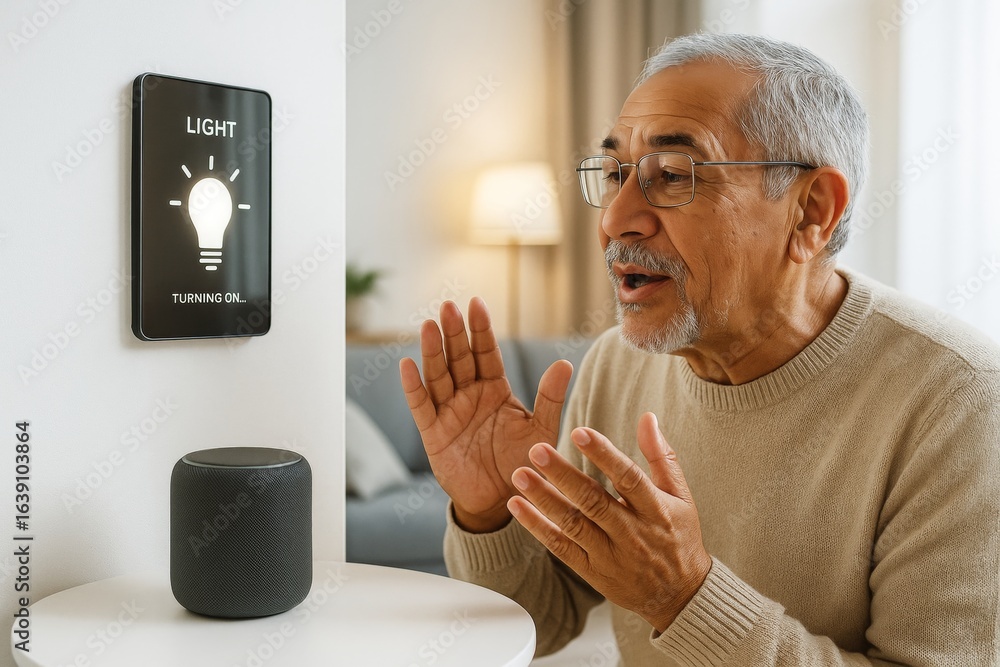 Aufkleber elderly man using smart speaker to activate light, modern technology interaction in cozy home enviro