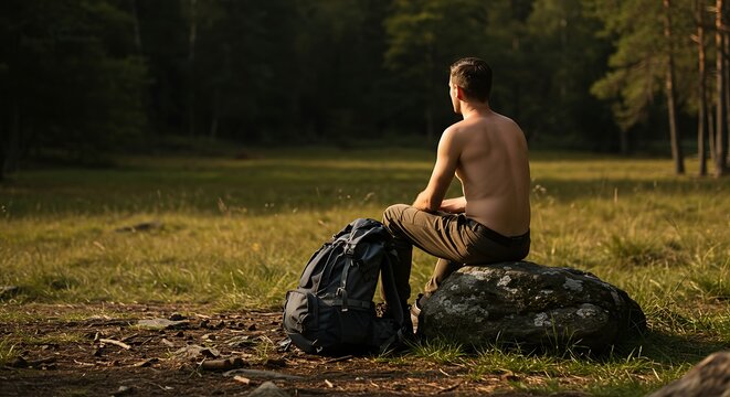 Barechested Hikers Restful Pause on a Mossy Boulder in a Sunlit Glade.