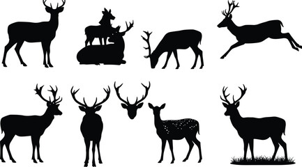 Deer silhouette set with antlers, wildlife animal illustrations, running and standing stags, doe and fawn vector art, forest nature wildlife design collection