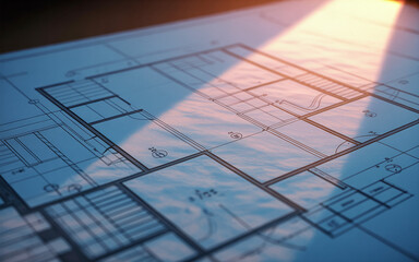 Closeup of a blueprint with dramatic light casting shadows across the architectural plan