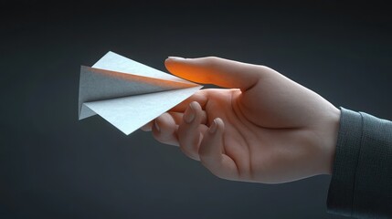 Close-up of a hand holding a small white paper airplane against a dark background showing detailed textures and a thoughtful mood