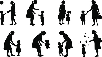 Mother and child silhouette illustrations, parenting moments collection, kids playing and walking, woman holding teddy and hands, nurturing love scenes, black vector family design set