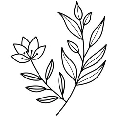 A delicate line drawing of a flowering branch with leaves and a single bloom.