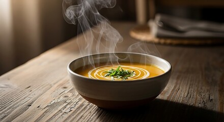 Elegant Steam Rises from a Creamy Vegetable Soup on a Weathered Wooden Table.
