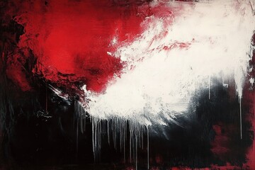 Abstract painting with bold red, black, and white colors blending and dripping, conveying intense dynamic emotion and contrast