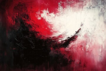 Abstract expression of dark and intense emotions blending black, red, and white colors with swirling textured brushstrokes creating dramatic contrast and movement