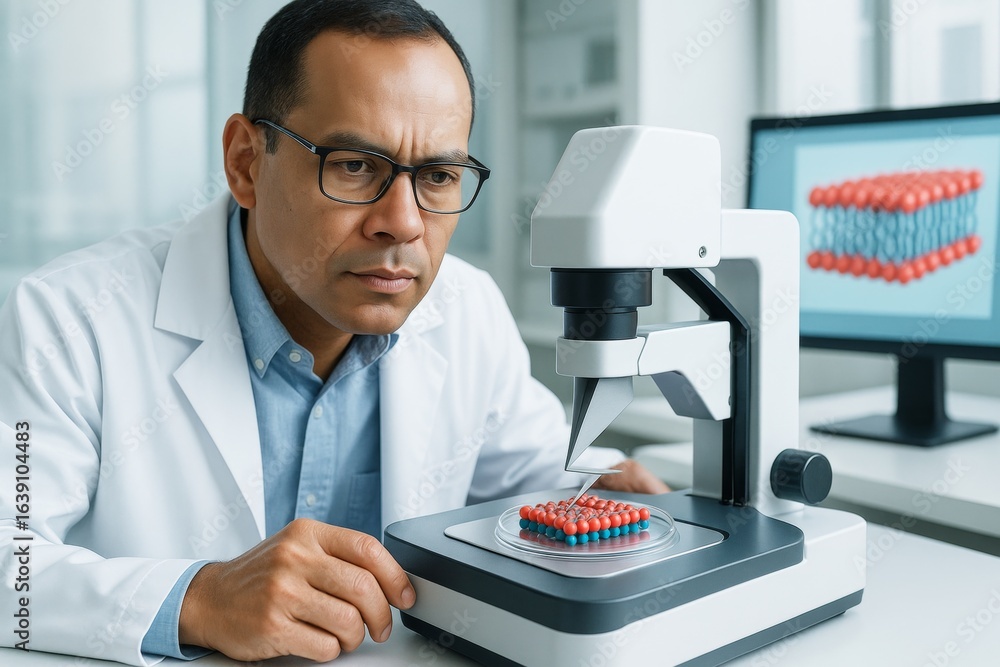 Poster scientist examining molecular model with microscope in laboratory, molecular animation on screen in 