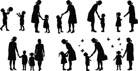 Mother and child silhouette collection, parenting and family scenes, kids playing and walking, woman holding hands, nurturing love, black vector family illustration set