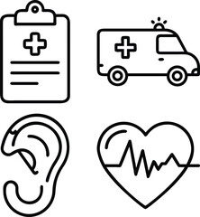A set of four simple line art medical icons representing healthcare services, emergency transport, hearing, and cardiac health.