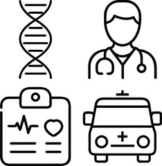 A collection of four simple line art icons depicting DNA, a doctor, a medical chart, and an ambulance, symbolizing healthcare and scientific research.
