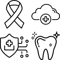 Four distinct icons representing health awareness, digital health, medical security, and dental care are presented in a minimalist line art design.