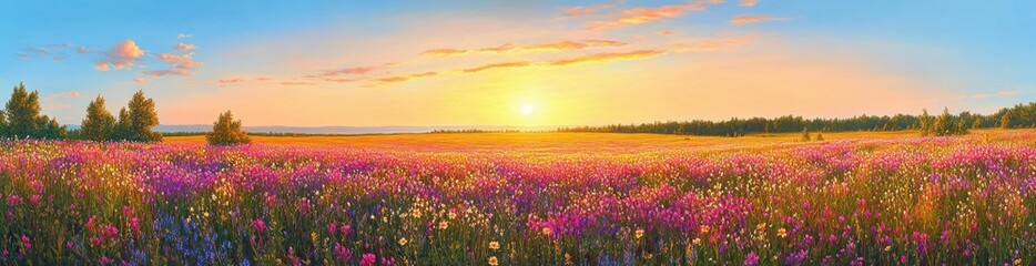 Fototapeta premium Vibrant wildflower meadow under a golden sunset with a clear sky and scattered clouds, surrounded by distant tree line, evoking calm and peaceful beauty