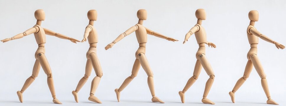 Five wooden artist mannequins arranged in a row walking forward with arms extended, demonstrating motion and coordination in a minimalist setting