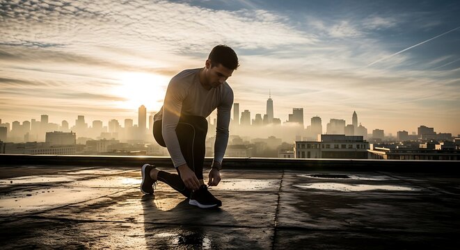 Rooftop Runners Ritual Tying Shoelaces Against a Golden City Sunrise. - Powered by Adobe
