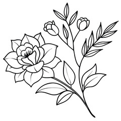 Detailed black and white illustration of a blooming flower with leaves and buds.