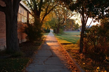 Empty sidewalk alongside a school building surrounded by autumn foliage and bathed in warm sunset light. A peaceful and symbolic image for Walk to School Month, promoting student safety, routine, and 