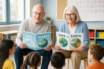 Elderly couple reading eco-themed books to diverse children in classroom, fostering environmental awareness and education together in bright space. Ai generative