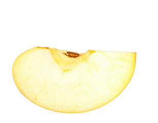 A single fresh slice of a yellow apple showing its pale flesh core and one brown seed.