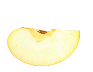 A single fresh slice of a yellow apple showing its pale flesh core and one brown seed.