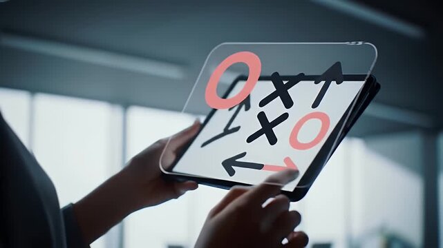 Hands Playing Tic Tac Toe on Digital Tablet with Red Circled Board Game Strategy and Competition in a Bright Office Space