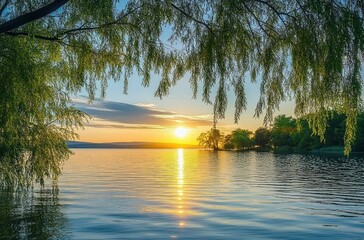 sunset over calm lake with sunlight reflecting on water and willow tree branches framing the scene in peaceful natural setting