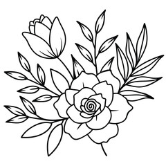 Detailed line art illustration of a rose and tulip bouquet with leaves.