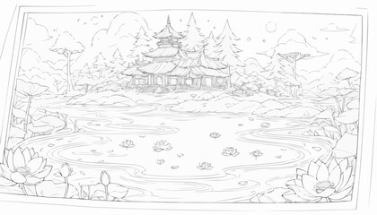 Fototapeta premium Serene garden illustration, peaceful mood, outlined for coloring, tranquil landscape