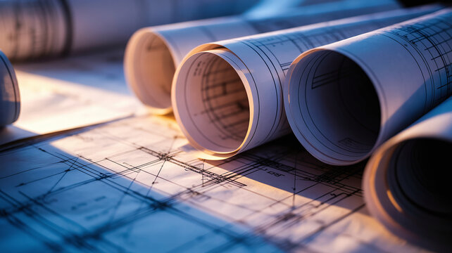 Closeup of rolled architectural blueprints on a table with sunlight casting shadows
