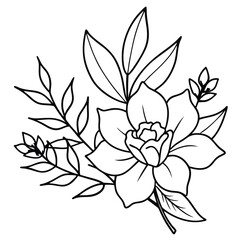 Black and white line art illustration of a flower bouquet with leaves and stems.