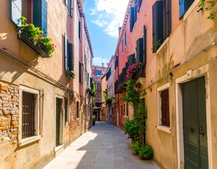 Narrow alleyway with colorful buildings in Venice.
