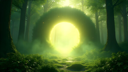 Fototapeta premium Enchanting Mystical Forest Path Leading to a Bright Yellow Green Circular Portal Glowing in a Foggy Atmosphere Lush Green Foliage and Tall Dark Trees Surround the Magical Scene