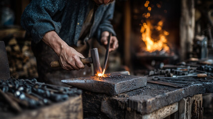 Blacksmith forging metal with hammer on anvil in workshop

