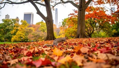 Gray squirrel foraging amidst colorful autumn leaves in a park.