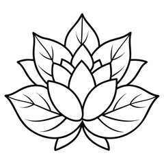 Detailed black and white line art illustration of a lotus flower with leaves.