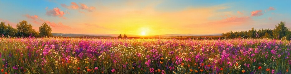 Obraz premium Vibrant wildflower meadow at sunset with a glowing sun near the horizon and colorful sky with soft clouds