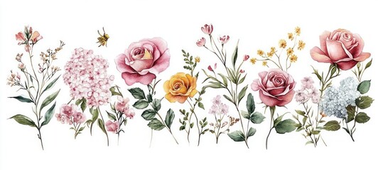 Delicate watercolor botanical illustration featuring various blooming flowers with soft pink, yellow, and white petals alongside green leafy stems and a flying bee