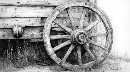 Detailed charcoal drawing of a wooden wagon wheel beside aged wooden boards
