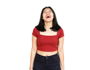 Obraz premium Joyful young Asian woman in a red crop top laughing heartily with eyes closed.